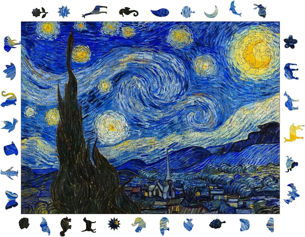 WePuzzleUp Ahşap Puzzle Yetişkin - Van Gogh Yıldızlı Gece - 450 Parça, 29 x 39 cm - Yapıştırıcı Folyo Dahil - Benzersiz Şekilli Parçalar & Özel Figürler - R1-12