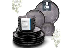 PURE LIVING INTERIOR DESIGN 18 Piece Dinner Sets for 6 People - Beautiful Mediterranean Style Stoneware Dinner Set for 6 - Dishwasher & Microwave Safe Plates and Bowls Set for 6 - Dinnerware Sets by Pure Living in Dark Grey