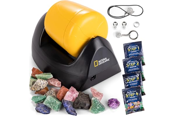 National Geographic Kit de Démarrage pour Polisseur de Pierres – avec Gemmes Brutes, Grain de Polissage en Carbure de Silicium en 4 Étapes, Supports pour Bijoux & Guide d’Apprentissage