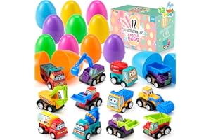 JOYIN 12 Pcs Filled Easter Eggs with Toy Cars, Colorful Prefilled Pull Back Construction Vehicle and Race Car for Kids Boys Hunt, Basket Stuffers, Party Favors (Engineering Vehicles)