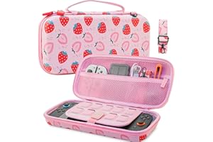 RHOTALL Tragetasche für Nintendo Switch 2 (2025) 7.9'', Niedliche Strawberry Pink Slim Hard Protective Travel Carry Case mit 10 Game Cartridges Slots, Accessories Bundle Holder