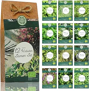 Kr&auml;uter Samen Set &ndash; 12 Sorten Bio Samen f&uuml;r Bio K&uuml;chenkr&auml;uter. Perfektes Kr&auml;uterset f&uuml;r K&uuml;che und Balkon; ideal als Geschenk f&uuml;r Frauen und M&auml;nner