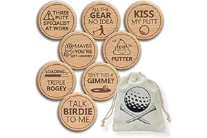 THE LASER FACTORY Funny Golf Ball Markers | Set of 8 Novelty Wooden Engraved Markers + Drawsting Bag | Joke Golf Accessories For The Putting Green | Gift For Bad Putters | Golf Day Competition/Tournament Prize