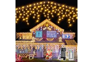 ‎OLLNY Ollny Eisregen Lichterkette Außen 15M 600 LED Weihnachtsbeleuchtung Außen mit Stecker Fernbedienung Wasserdicht 8 Leuchtmodi Lichterkette Außen Warmweiß für Balkon Dachrinne Fenster Haus Geländer