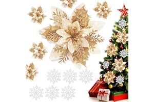 EJUNEE 12 Pcs Christmas Glitter Poinsettia Flower, Artificial Christmas Tree Flower with 6Pcs Glitter Snowflake Ornaments Decoration for Xmas Tree Wedding Party Wreath Decoration (Gold)