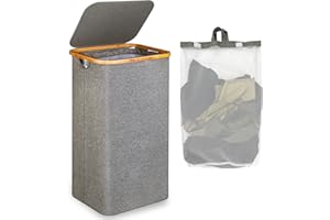 efluky Grand Panier à Linge avec Couvercle, 100L panier sale avec Poignées en Bambou pour Vêtements, bac a linge laundry basket XXL Pliable avec Sac Intérieur Gris