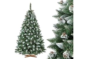FairyTrees Sapin de Noël Artificiel 180cm | Arbre de Noël avec Support en Bois | PIN ENNEIGÉ Blanc Naturel | Made in EU