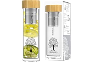 ‎AMAPODO amapodo Butelka do herbaty ze szkła z sitkiem – 400 ml butelka na herbatę na wynos – butelka na napoje z podwójnymi ściankami ze szkła borokrzemowego