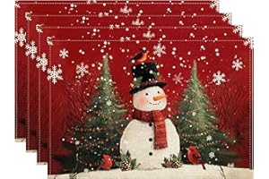 BGFUO Snowman Cardinals Trees Christmas Placemats for Dining Table, 30x45cm Seasonal Winter Birds Xmas Holiday Rustic Vintage Thanksgiving Washable Table Mats Set of 4 for Kitchen Dining Decoration
