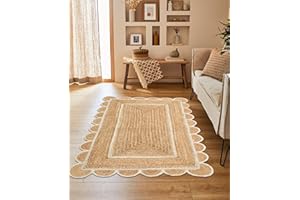 The Home Talk Scalloped Jute Rectangular Rug - Natural Fiber Scallop Rug Rustic Vintage Braided Handwoven Indoor Carpet for Entryway/Kitchen/Frontdoor (Natural & White, 90 x 150 cm)