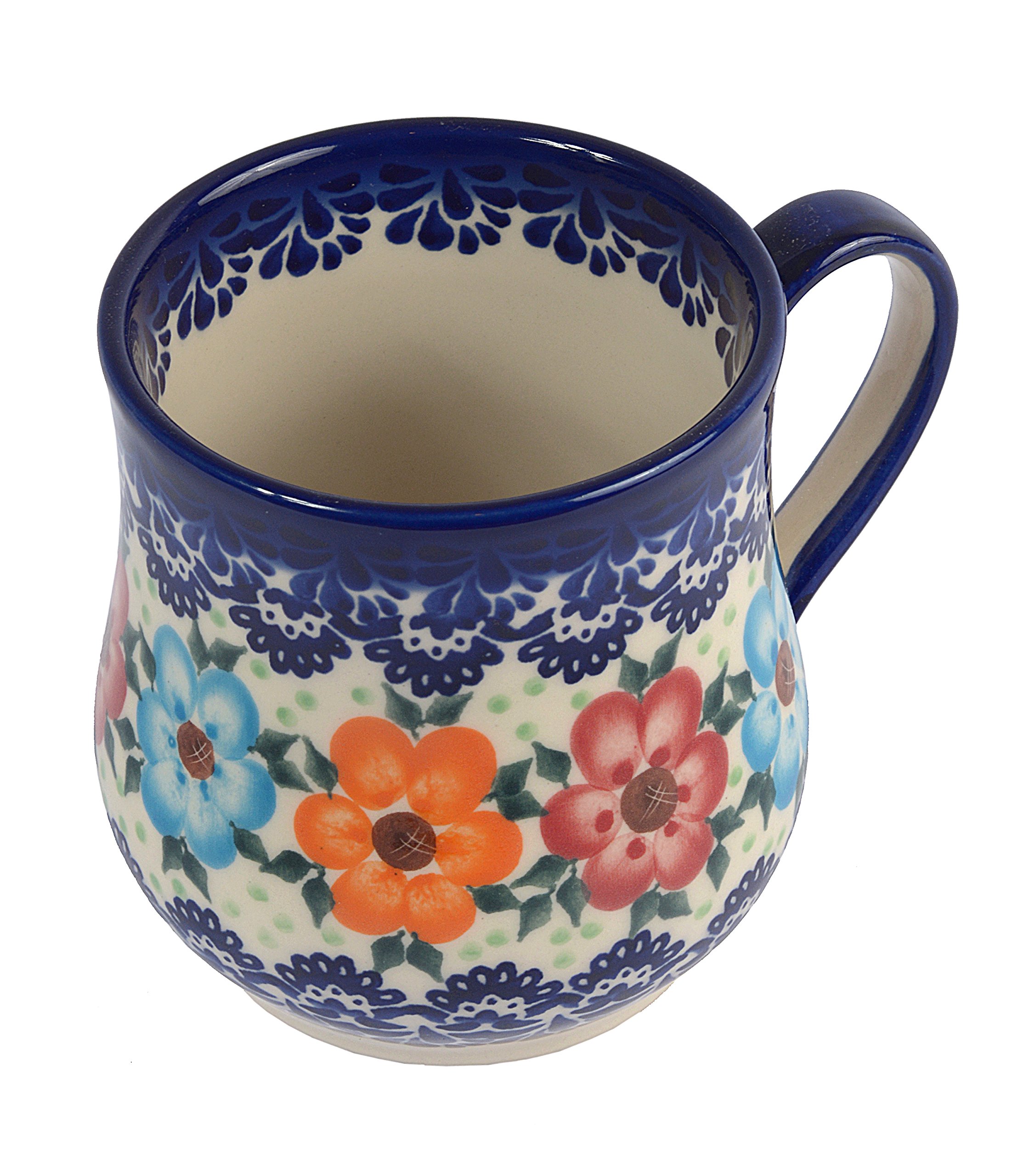 Traditional Polish Pottery, Handcrafted Ceramic Drop-shaped Mug (350 ml /12.3 fl oz), Boleslawiec Style Pattern, Q.102.BLUELACE