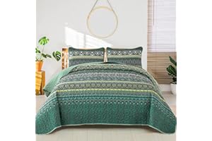 ‎WONGS BEDDING WONGS BEDDING Tagesdecke 240x260 Bettüberwurf Boho Decke Steppdecke 3 Teilig Doppelbett Gesteppt Bettdecke Mikrofaser Wohndecke mit 2 Kissenbezug 50x75 für Schlafzimmer als Sofaüberwurf (Grün)