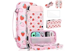 FANPL custodia per Nintendo Switch OLED 2021, custodia protettiva rosa con custodia da viaggio, custodia per PC, tracolla regolabile, impugnatura per pollice, protezione dello schermo (fragola)