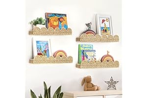 AELS Scalloped Nursery Bookshelf, Set of 4, Picture Ledge Shelf for Wall Decor, Woven Straw Paper Floating Shelves for Books, Toys, Photo Frames, Nursery, Boho Modern Farmhouse Book Shelf, Beige