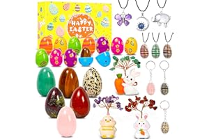 Echehi Lot de 12 œufs de Pâques pré-remplis avec cristal véritable et œufs de roche, ornements de Pâques, colliers en cristal, pour la chasse aux œufs de Pâques, cadeaux de Pâques éducatifs pour