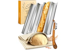 KRUSTENZAUBER Baguette Backform Antihaft inkl. Bäckerleinen u. Bäckermesser - 4er Baguette-Backblech - Ideal als Baguetteblech, Brotbackform, Baguetteform, Baguette Blech, Brot Backen Zubehör