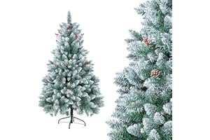 Homewit Weihnachtsbaum 140 cm(Ø ca. 85 cm) 1, 4 m grüne Tannenbaum mit 500 Zweige Christbaum Schnee und Zapfen, abziehbar zusammenklappbar inkl. Ständer, Grün-140cm-500 Zweige