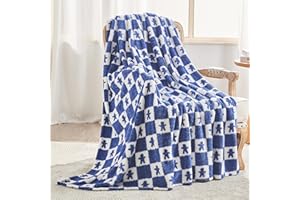 EMME Koc w kratę w rozmiarze twin 150 x 200 cm – niebieski, miękki i puszysty koc dzianinowy z wzorem na kanapę, sofę, fotel, łóżko, do campingu, na piknik i w podróż