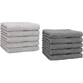 Set Asciugamani Premium 100% Cotone - 10 Pezzi (2 Doccia, 4 Mani, 2 Ospiti, 2 Guanti), Colori Antracite E Argento