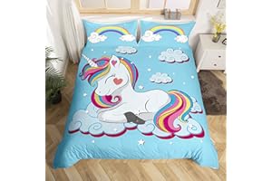 LOUSSIESD Kinder Bettwäsche 135x200 cm Mädchen Jungen Einhorn Bettwäsche Set Blau Karikatur Einhorn Regenbogen Wolken drucken Bettbezug Set für Jugendliche Frauen Süß Tiere Dekorativ Betten Set Mikrofaser