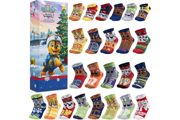 Get Trend Pat Patrol Chase Adventskalender 2026 till 24 strumpor | EU 27–31, snygga strumpor, mjuka och andas, nedräkning till jul, present till barn och tonåringar (Multi Chase)