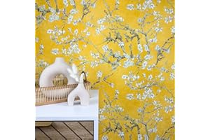 WALLCOVER Papier Peint Intissé Fleurs Jaune Van Gogh Floral Fleur d'amandier Vintage pour Chambre Cuisine Salon