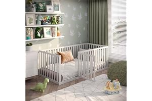 CADANI Teso Kinderbett 90x200 cm Montessori Bodenbett mit Tür & Rausfallschutz, 6 Aufbauvarianten, Massivholz Kiefer weiß, als Laufstall nutzbar, inkl. Lattenrost