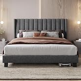 Yaheetech Upholstered Double Bed with Headboard Wings 16 x 200 cm Dark Grey | Double Bed with Padded Headboard Wood and Metal