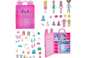 Polly Pocket Zestaw do zabawy z 4 lalkami (7,6 cm), 3 zwierzętami domowymi i 50 akcesoriami, stylowa torba do noszenia z kolekcji Safari Fashion Collection