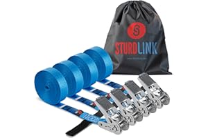 Cinghia con Cricchetto Senza Gancio 25mm 5m 800daN, Chiusara a Strappo + Borsa | x4 Cinghie di Fissaggio per Portapacchi Auto, Carrello Trasporto, Barre Portatutto, Portabagagli | EN 12195-2 Sturdlink