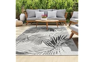 homeart Outdoor Rug - Easy-Clean, Durable, Stain-Resistant, Weather & UV Resistant Indoor & Outdoor Rugs for Porch, Deck, Balcony, Garden, Picnic and Patio | Palm Black, Grey - 120x170cm