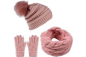 CheChury Women Winter Hat Scarf and Gloves Set Soft Warm Thick Knitted Pom Cap Touch Screen Gloves Loop Scarf 3/4 PCS Set