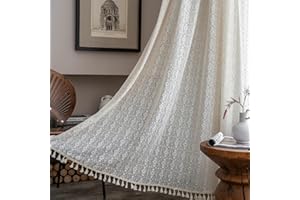 USTIDE Crochet Farmhouse Curtains 1 Panel, Semi-Sheer Vintage Drapes for Bedroom,Textured Boho Chic Light Filtering,150x220cm
