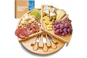 BLAUKE Bambusowa deska do serów z zestawem noży do sera, 37 cm okrągła drewniana płyta do serwowania serów i przystawek, obrotowy półmisek, deska do serów, deska do wędlin, pomysł na prezent