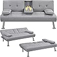 Yaheetech Sofa Bed Fabric Click Clack Sofa Bed with 2 Cup Holders, Convertible Futon Settee, Futon Recliner Lounge for Living Room, Spare Room, Bedroom, Light Gray