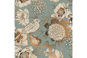 ReWallpaper 44.5CM×7M Papel Pintado Pared Pajaros y Flores Papel Pared Verde y Dorado Mural Autoadhesivo Pared Vintage Vinilo Adhesivo Muebles Flores Autoadhesivo Papel Pintado Pared Baño Dormitorio