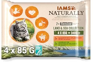 IAMS Naturally Nourriture Humide pour Chat Senior 4 sachets fraicheurs pour 2 Pâtées Terre/Mer en sauce - SANS SUCRE AJOUTE, OGM, protéines végétales, colorant, arôme artificiel 4x 85g