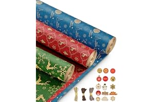 Kraft & Co – 3 Pack Kraft Christmas Wrapping Paper Rolls 69cm x 8m, Recycled & Eco-Friendly Gift Wrap with 15 Tags & 3-Color Twine, Christmas Wrap Tear-Resistant, Sustainable Packaging, Total 24m Rol