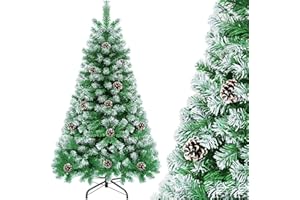 FIMUN Sapin de Noel Artificiel 150 cm 500 Branches Enneigé Pomme de Pin Realiste, Arbre de Noel Artificiel avec Support Metal, Sapin Nordmann Artificiel Ignifuge Matériel PVC pour Decoration Noel Vert