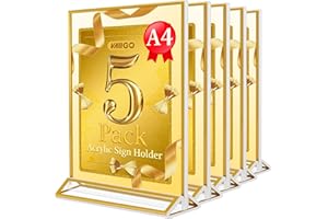 VAIIGO A4 Acrylic Sign Holder with Gold Borders, Upright Double Sided Poster Menu Holder, Ideal for Wedding Table Numbers, Restaurant Banquet Menu Holder, Counter Display Stand, Etc-5 Pack