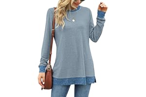 WNEEDU Femmes T-Shirt à Manches Longues Haut de Blouses Sweatshirts décontracté à col Rond