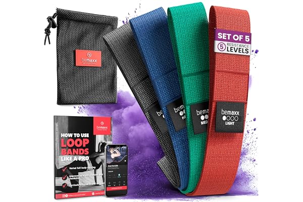 Élastique Musculation Résistance - Lot de Bande Fitness en Latex ou Tissu + Livre d'entrainement et Sac | Loop Booty Bands Minibands Elastiband Kit, Sport Gym Yoga Pilates Gymnastique Jambe Cuisse