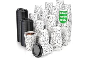 CUPCUP 160 Gobelets Carton pour Café à Emporter - Tasse Café 360ml avec Couvercles pour Servir le Café, le Thé, des Boissons Chaudes et Froides