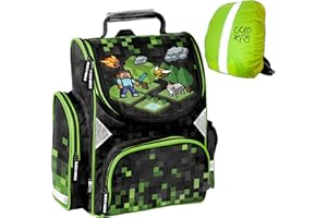 GOLDKIDS Game Pixel Schulrucksack Schulranzen ergonomischer Ranzen Tornister Rucksack Schulltasche Jungen Mädchen inkl. Regenschutz