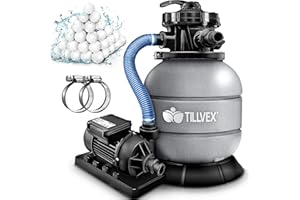 tillvex Depuradora de Agua para Piscina 7.900L/h + 400g Bolas de Filtro | 7 Funciones de Filtrado & Adaptador Ø32-38mm | Filtro de piscina con indicador de presión (Gris)