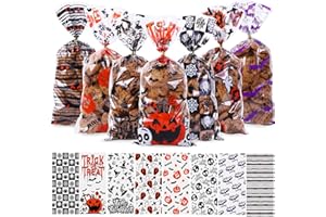 DIYDEC 120pcs Halloween Cellophane Bags, Halloween Sweet Candy Cookie Cellophane Bags Pumpkin Bat Ghosts Pattern Transparent Trick or Treat Bags with Twist Tie for Halloween Party Favors Supplies
