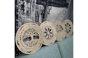 WALARKY 4 Stück Wikinger Holz Wanddekoration Baum des Lebens Wandkunst Nordische Wikinger Runen Amulett Wanddekoration Holz Wikinger Kriegsschiff Wohnkultur Kann Graffiti sein, Fertig Zum Aufhängen Wohnzimmer