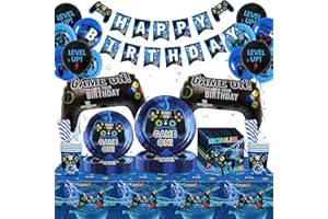 BATNITE Video Gaming Party Decorations Tableware - 96 Pieces Birthday Supplies, Happy Birthday Banner, Blue Game Balloon, Tablecloths Plates Cups Napkins for Kids Boys Men Gamer, Serves 10 Guests