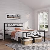 Yaheetech Double Bed 135 x 190 cm with Headboard Storage Space Black | Casal Bed Metal Frame Double Easy Assembly Modern