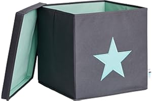 LOVE !T STORE !T LOVE IT STORE IT - Cube De Rangement Avec Couvercle - En Tissu - Pliable - Renforcement Bois - Boite Rangement Pour Chambre Enfant - 33x33x33cm - Gris Motif Étoile Verte